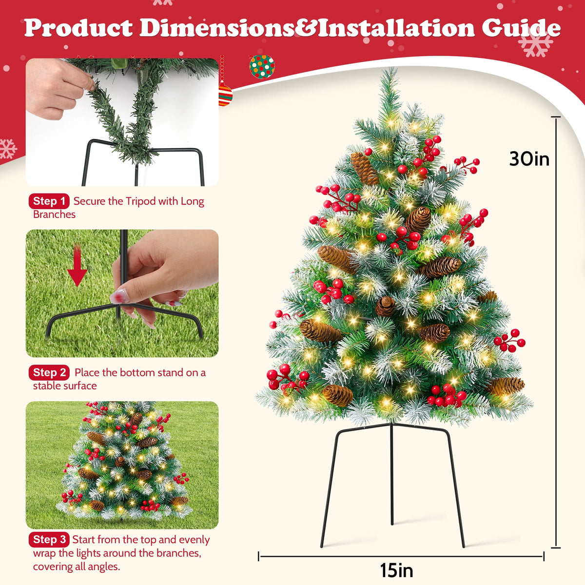 Yexmas 2PCS Small Outdoor Christmas Trees with LED Lights,30" Artificial Xmas Decora for Porch,Yard,Pathway,Garden,PVC
