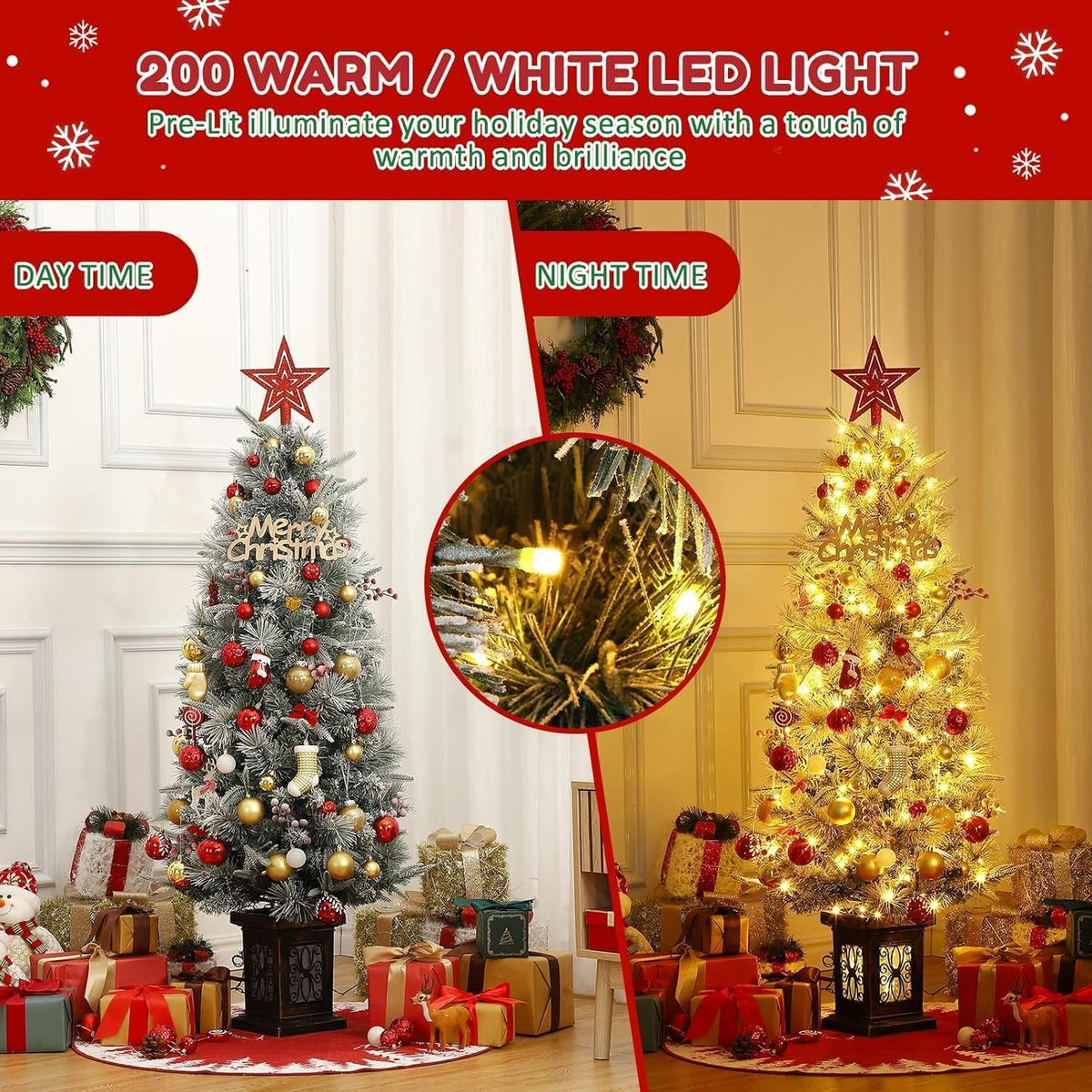 4ft Pre-Lit Artificial Christmas Tree with Large Box Base, 200 LED Lights, 4 Red Berries, Full Snow Branch Tips, Small Snowy Christmas Tree for Home, Office