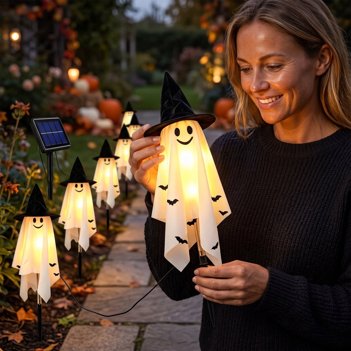 Stijggn Halloween Pumpkin Stake Solar Garden Lights, Waterproof Multi Branch Little Pumpkin Lantern Garden Stake Lights Outdoor Walkway Yard Garden Decoration