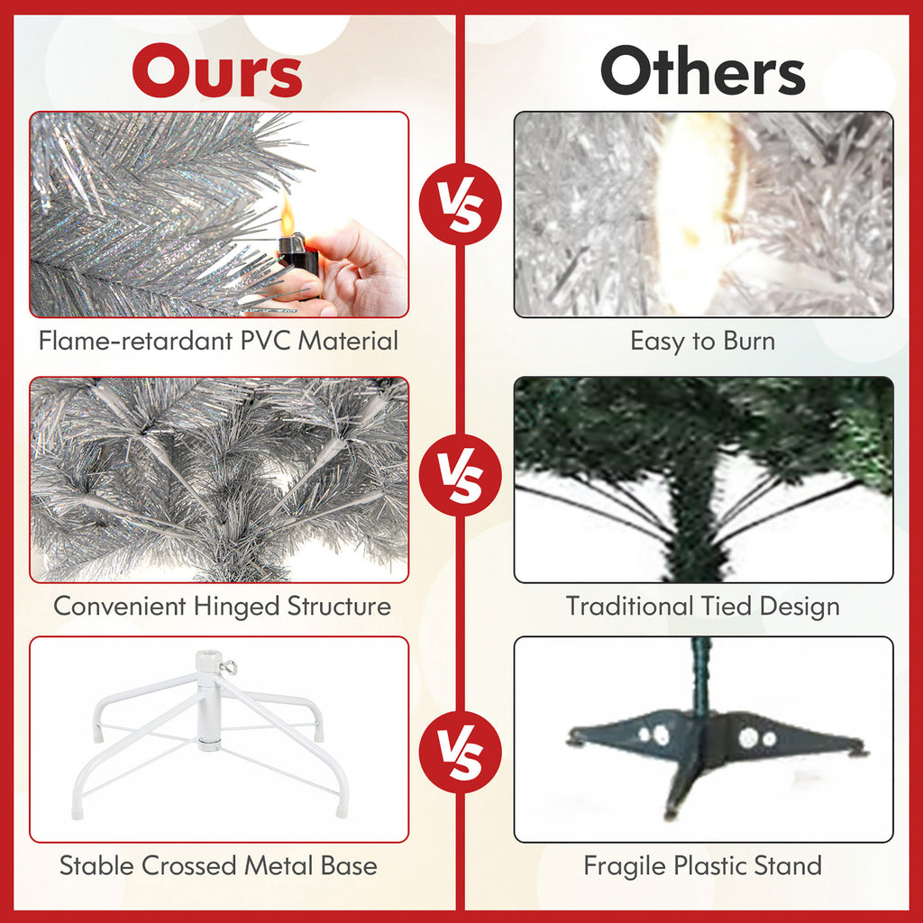 Gymax 7 FT Pre-Lit Artificial Christmas Tree Silver Tinsel Hinged Xmas Tree