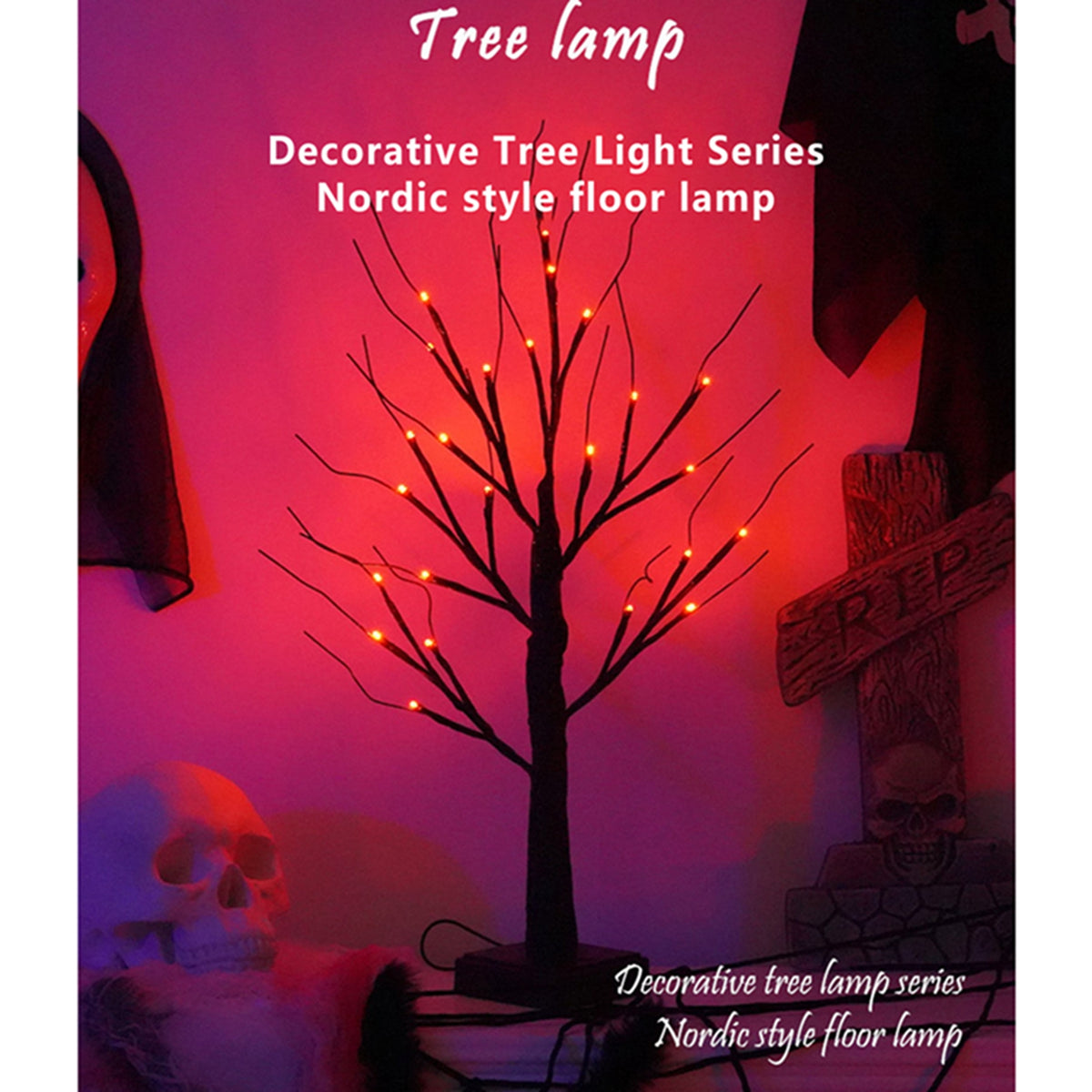 23.6 Inch Halloween Birch Tree Halloween Decorations Black Christmas Tree with 24LED Orange and Purple Lights and Halloween Lights Indoor Tabletop Tree Light,2 Light Modes,USB/Battery Power