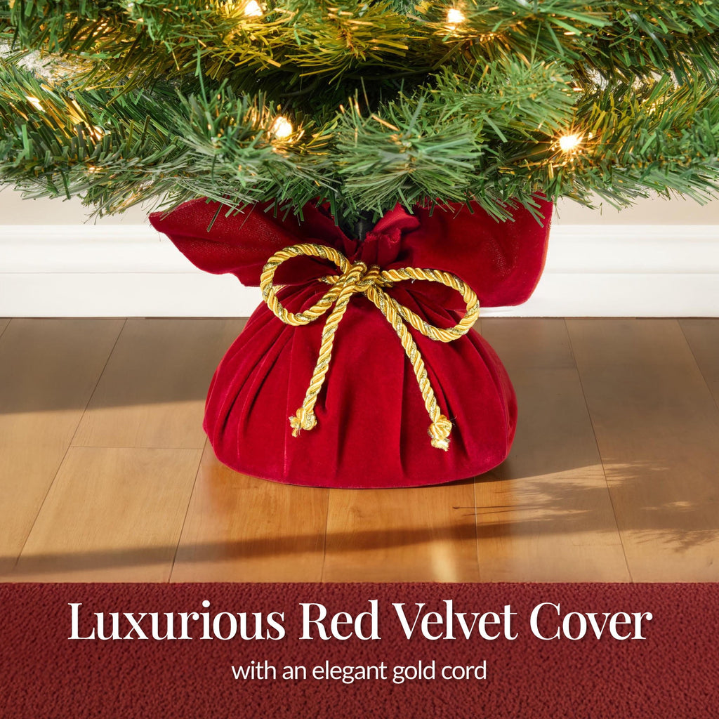 Best Choice Products Pre-Lit 24inch Tabletop Christmas Tree, Small Holiday Artificial Desktop Decor w/Warm White Lights, Red Velvet Cover