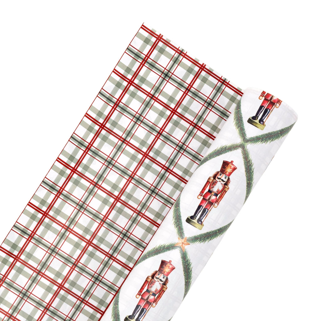 LaRibbons 30" x 33' Holiday Reversible Wrapping Paper Jumbo Roll, Norfolk Pine Nutcracker / Plaid