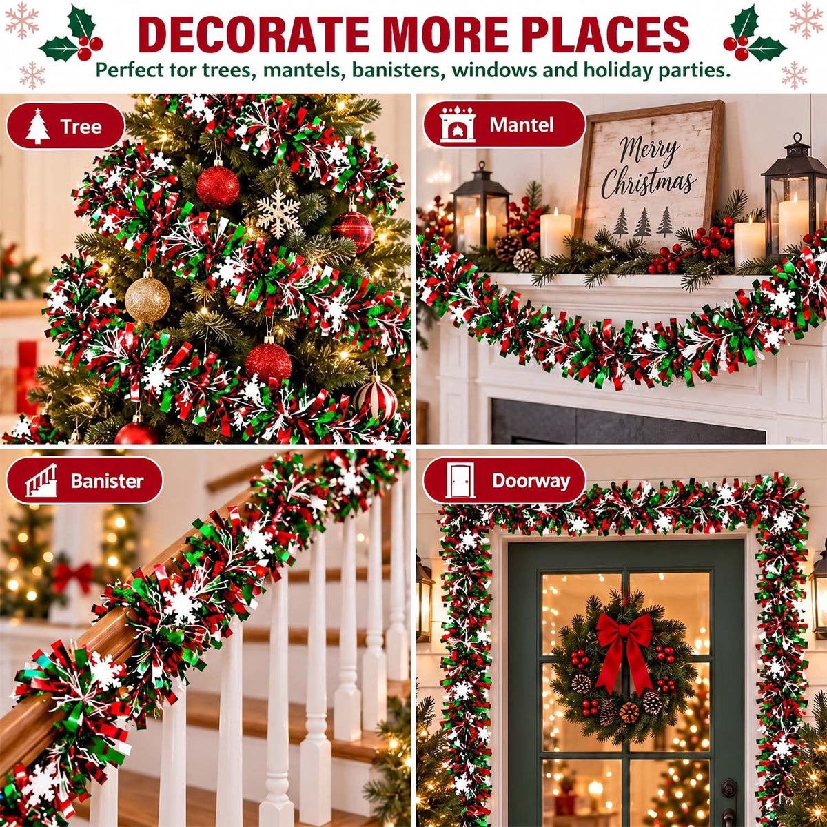 Ayieyill 33ft Tinsel Garland Hanging Christmas Tree Garland for Christmas Tree Decorations Indoor, Iridescent