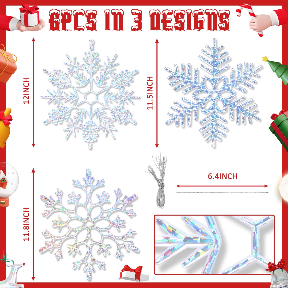 Ayieyill 6 Pieces Large Snowflakes Ornaments 12'' Glittered Snowflakes Decorations Christmas Hanging Snowflake Decorations for Winter Christmas Tree Decorations Craft Snowflakes (Iridescent)