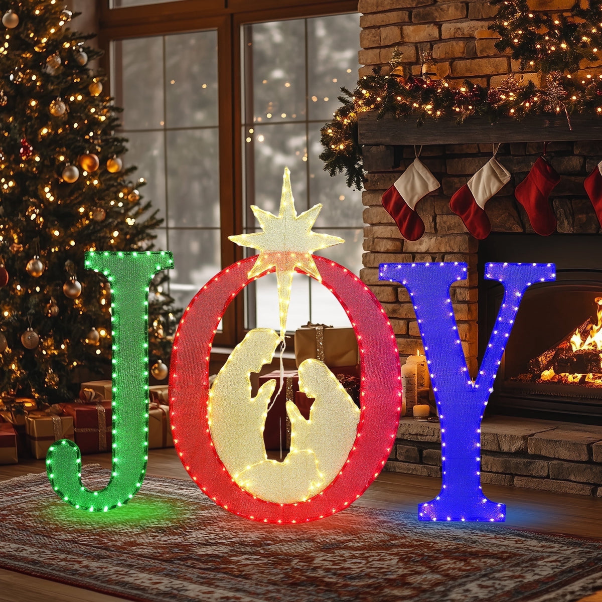 Starfree 49-inch Outdoor Nativity Decoration Lighted JOY Sign with Outdoor Christmas Yard Decorations Hanging and Standing Options for Porch & Garden