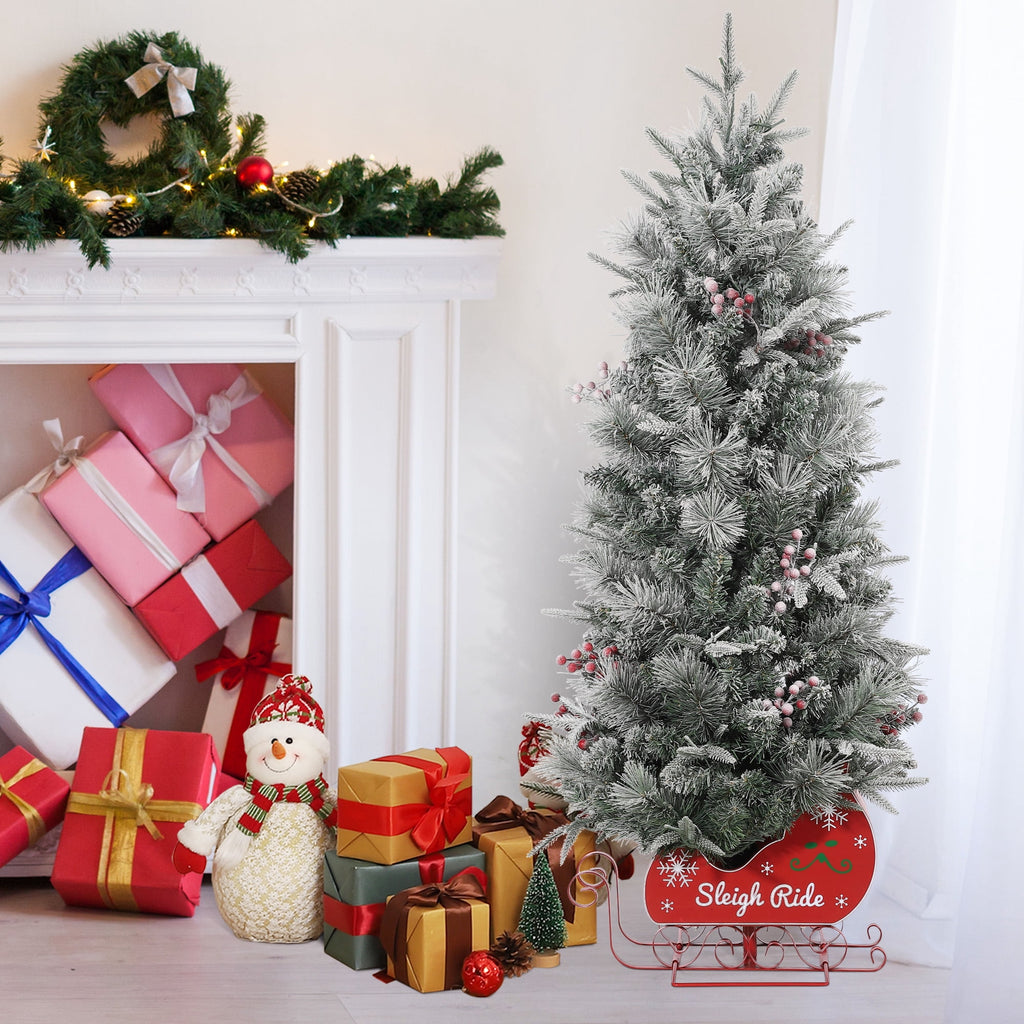 Somikis 3ft Pre-Lit Artificial Mini Christmas Tree with 78LED Lights, 8 Mode Includes Red Berries & Sleigh Base, 2 Pcs