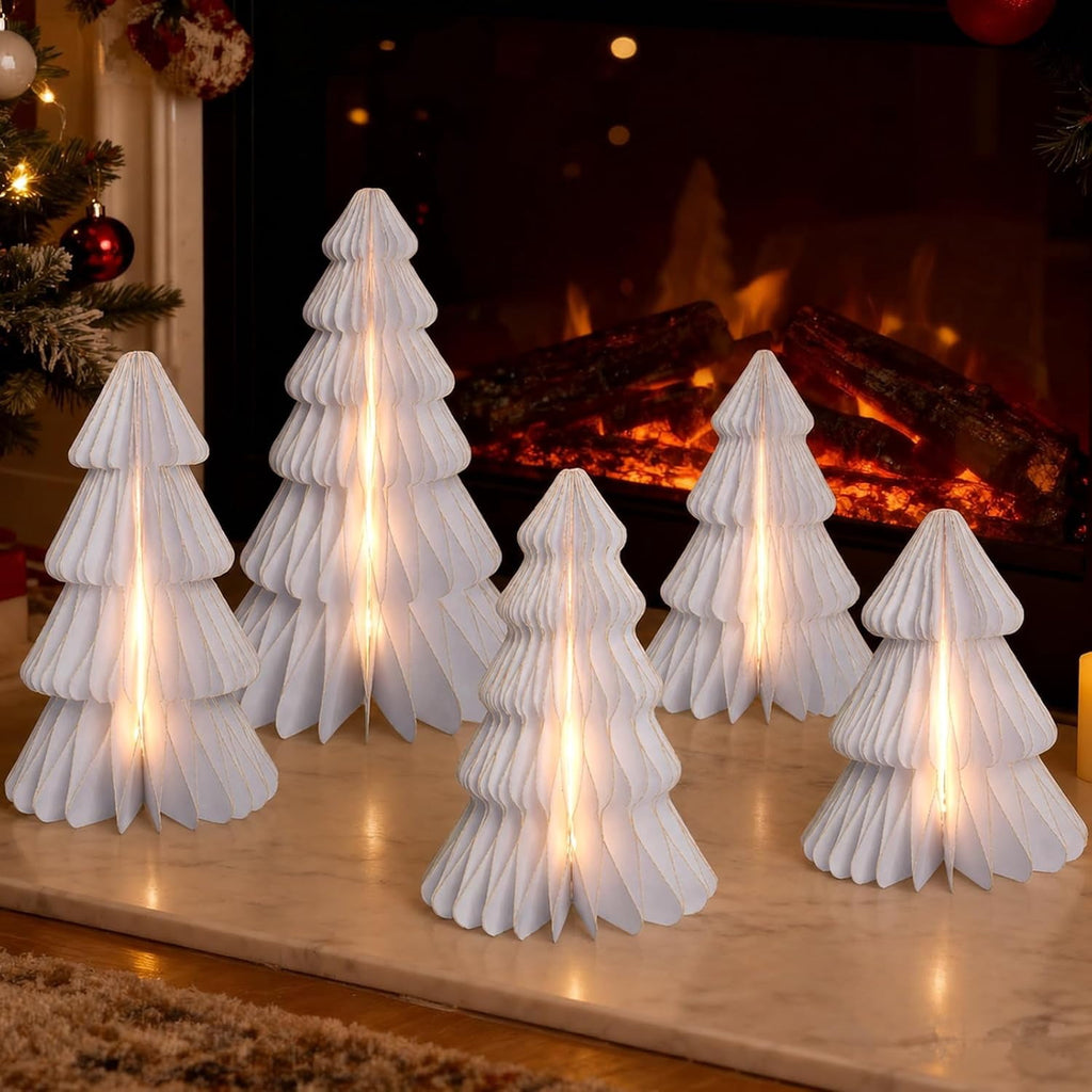 5 Pack Honeycomb Paper Christmas Trees, 3D Christmas Table Centerpieces for Mantel Tabletop Winter Home Decor