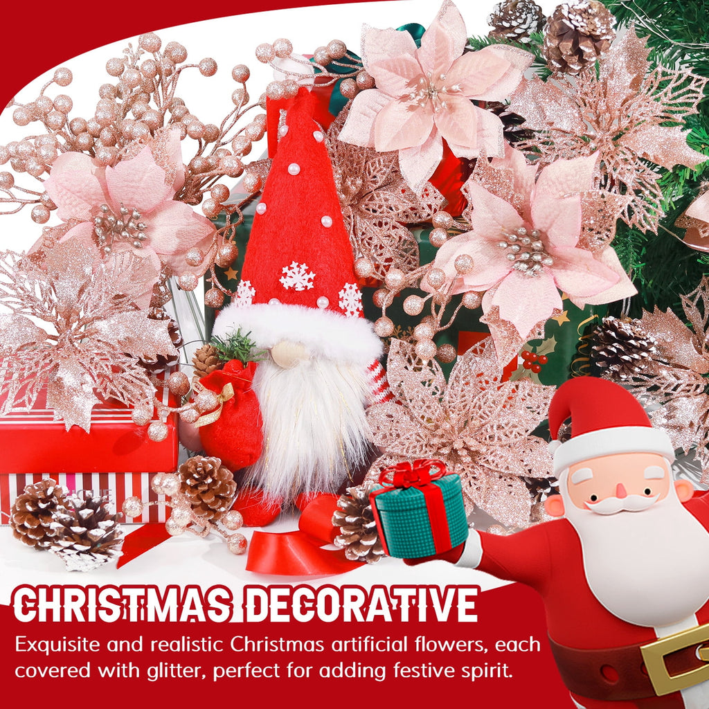 Ayieyill 56Pcs Poinsettia Christmas Flowers Decorations Christmas flower ornaments Artificial Glitter Berry Stems Christmas Pine Cones Christmas Tree Ornaments Set Christmas Tree Decorations (Pink)