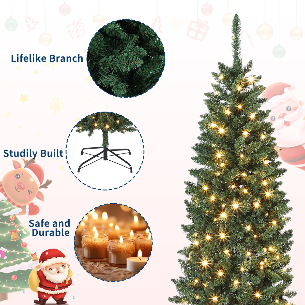 Towallmark 9FT Pre-Lit Artificial Pencil Christmas Tree with 380 Color Changing LED Lights,1153 Branch Tips