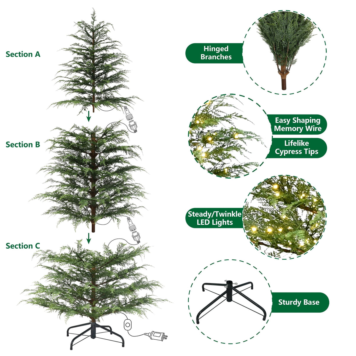 My Texas House 9' Pre-Lit Cypress Green Artificial Christmas Tree with 600 Warm White Twinkle LED Lights and Stand