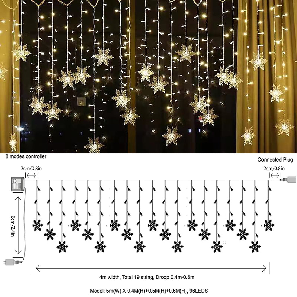 LED Curtain Lights,13ft/4M 96 LED Snowflake Curtain String Lights Plug-in Memory Window Curtain Lights with 8 Modes Decoration for Christmas, Wedding, Party,Wall, Home Decorations