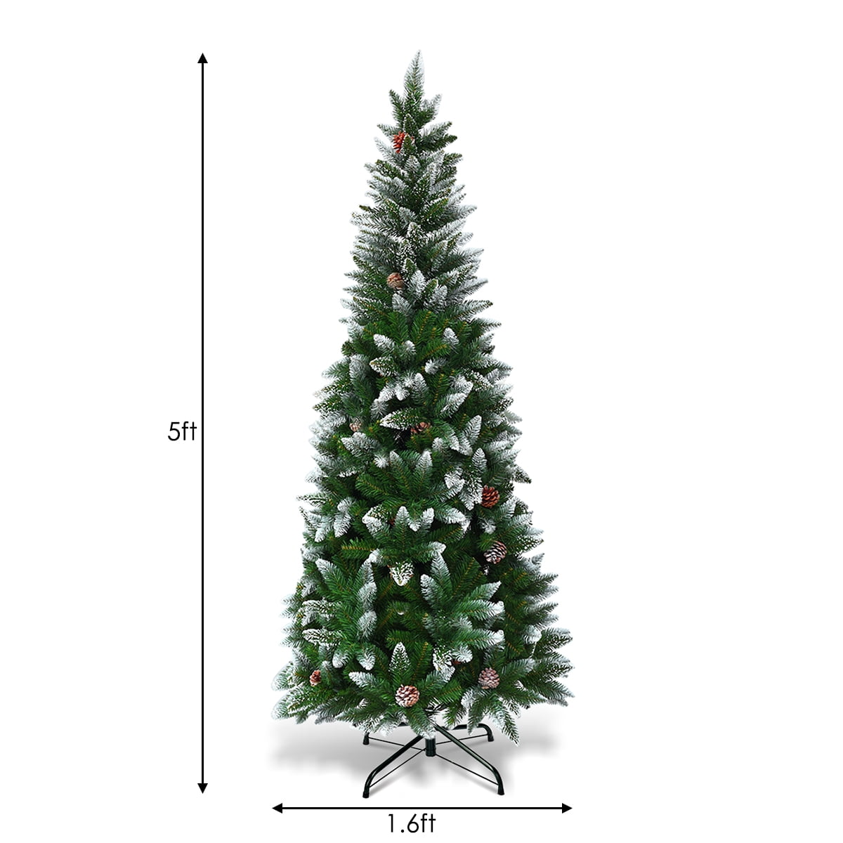 Topbuy 5'Artificial Pencil Christmas Tree Snow Flocked Tree w/ Pine Cones and Metal stand