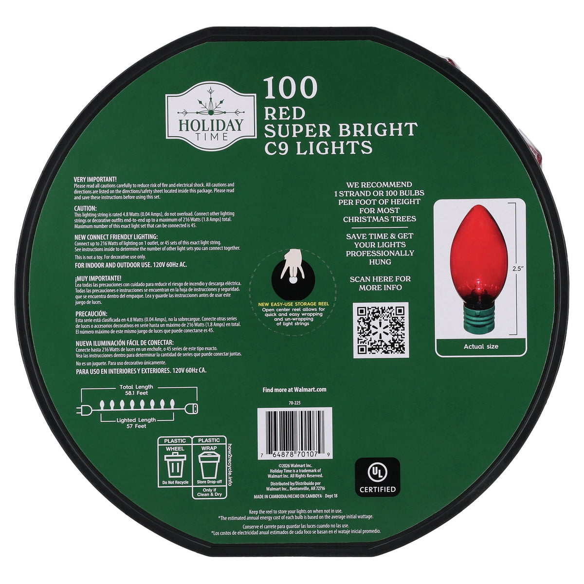 Indoor/Outdoor 100-Count LED Smooth C9 Christmas String Lights, Multicolor, Green Wire, 57', by Holiday Time