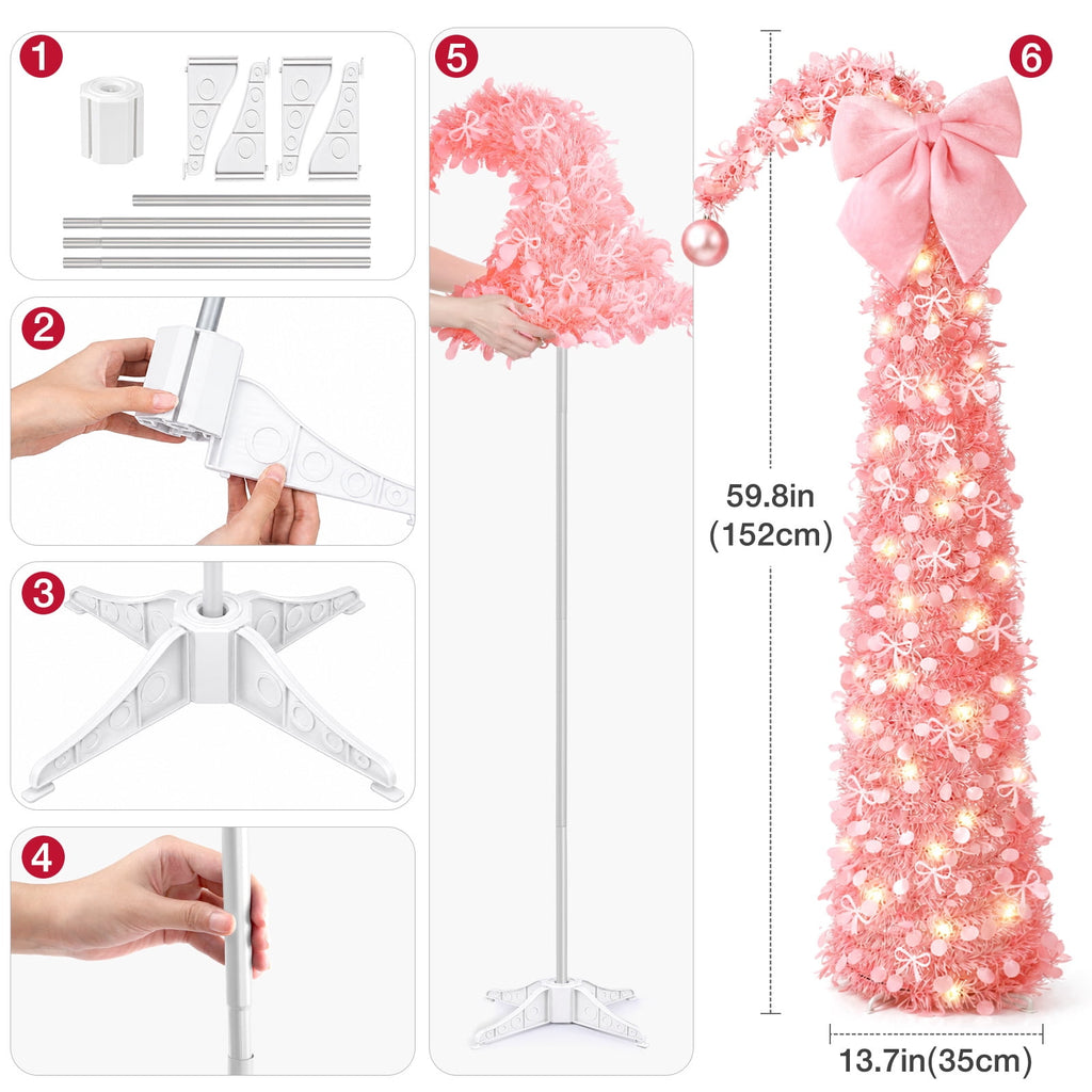 Ayieyill Christmas Tree 5FT Pencil Christmas Tree, Collapsible Pop up Tinsel Tree for Christmas Decorations Indoor, Pink