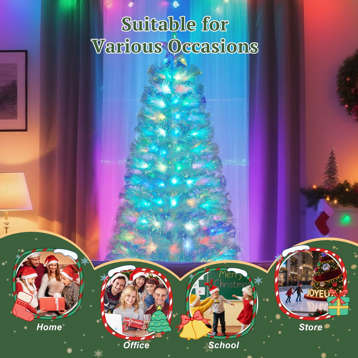 Vowella 6ft Fiber Optic Christmas Tree, Pre-Lit White Tree with Color Changing Lights & Star Topper & Sturdy Base for Home & Party