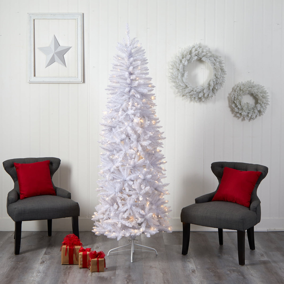 Nearly Natural 3' White Slim Artificial Christmas Tree Prelit 50 Warm White LED Lights