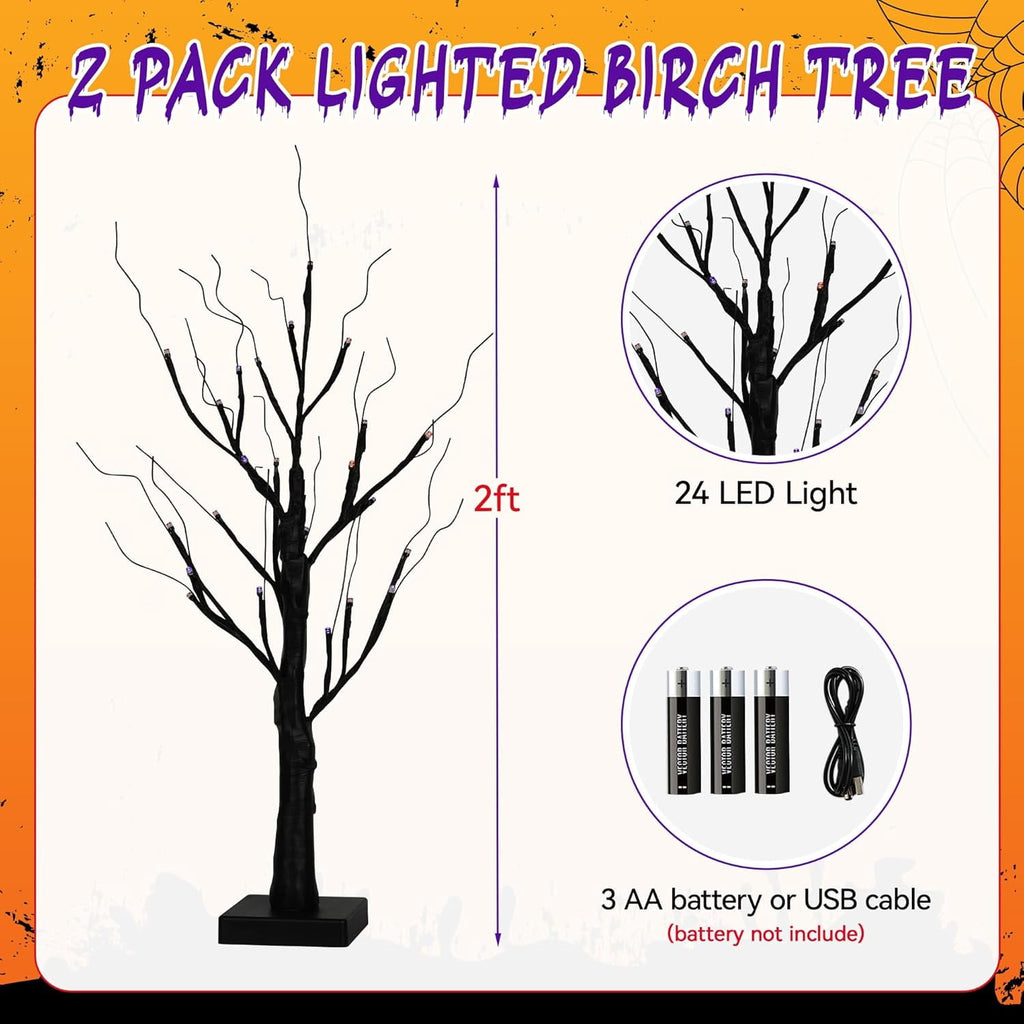 2-Pack Halloween Decor: 2FT Pre-lit Black Halloween Trees with 48 Orange & Purple LEDs, Battery Operated with Timer Function, Perfect for Spooky Tabletop Displays, Home Parties & Indoor Decorations.