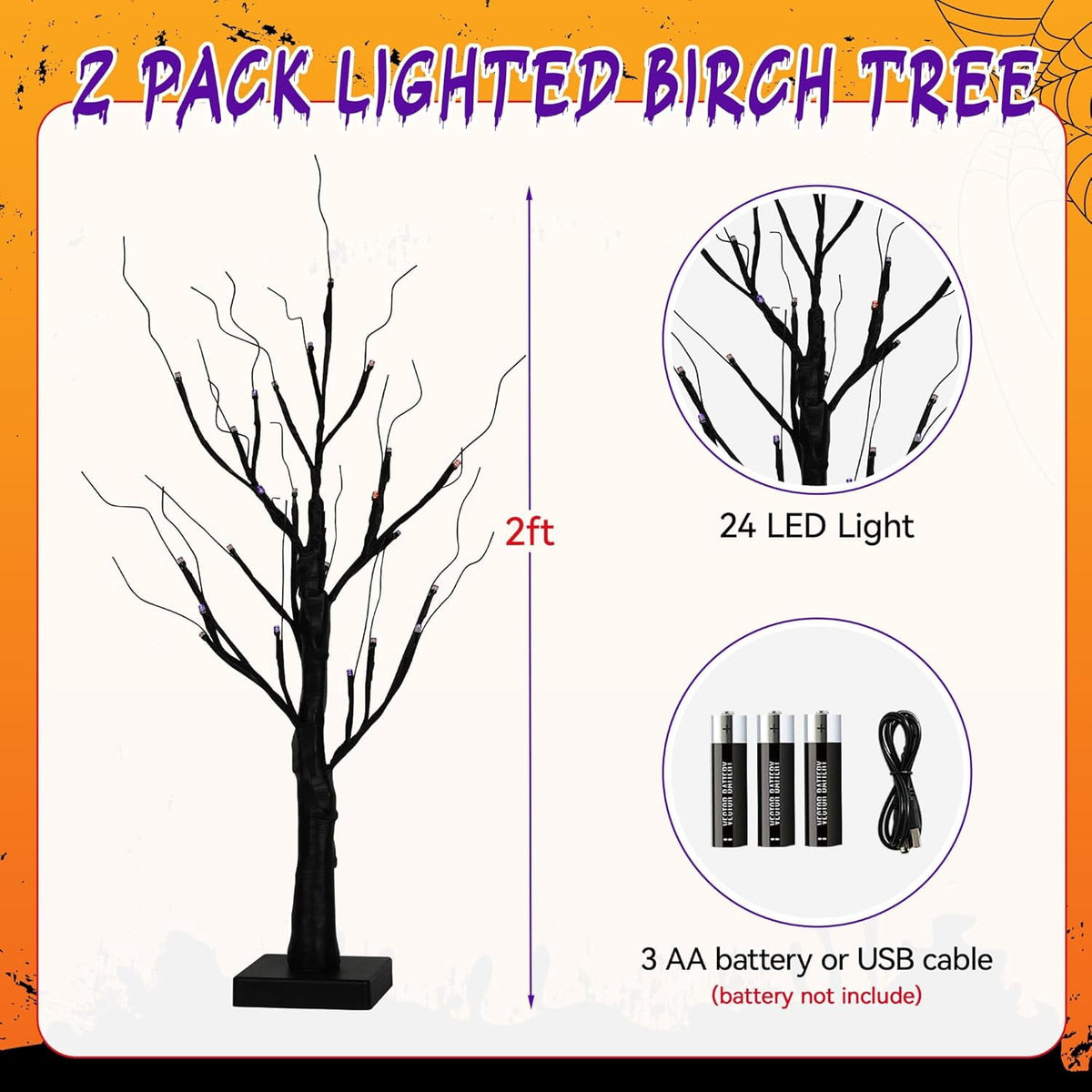 2-Pack Halloween Decor: 2FT Pre-lit Black Halloween Trees with 48 Orange & Purple LEDs, Battery Operated with Timer Function, Perfect for Spooky Tabletop Displays, Home Parties & Indoor Decorations.