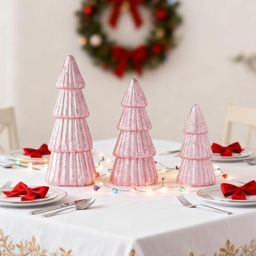 3Pcs Artificial Christmas Tree Decorations Glittering Foam Tabletop Xmas Tree Modern Christmas Centerpiece Decor for for Table Mantel Home Holiday Party Decor(Pink)