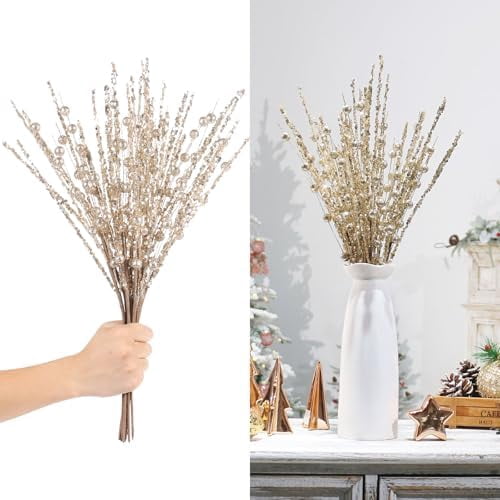 10 Pack Christmas Tree Decorations, Artificial Champagne Glitter Berry Stems Picks Sprays Twigs Branches, for Winter Xmas Tree Vase Filler Home Holiday Decor.