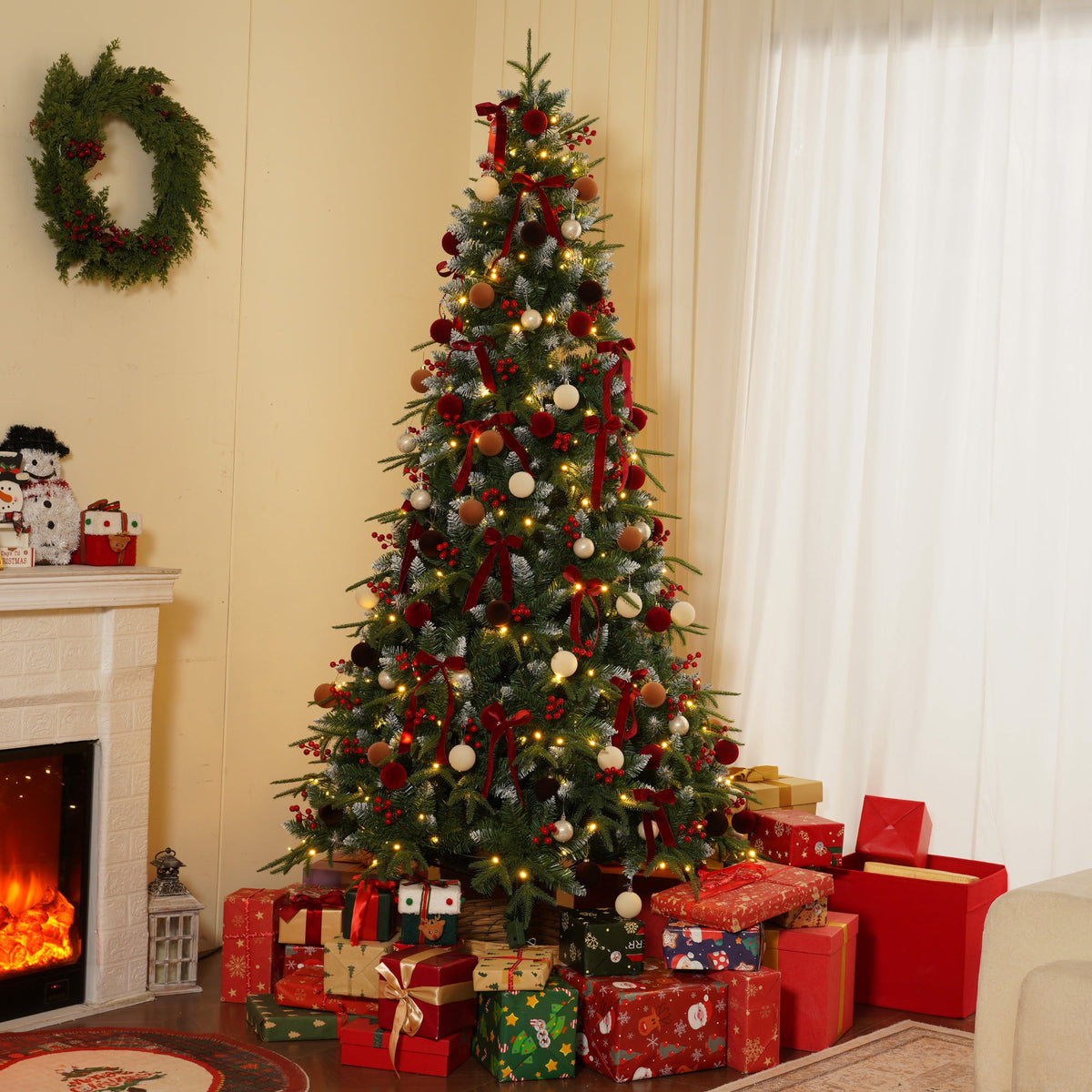 Yexmas 7.5ft Pre-Lit Artificial Christmas Trees,Green Xmas Tree with Large Christmas Tree Storage Bag,Berries, Realistic Artificial Christmas Trees for Home, Office, Party Decoration