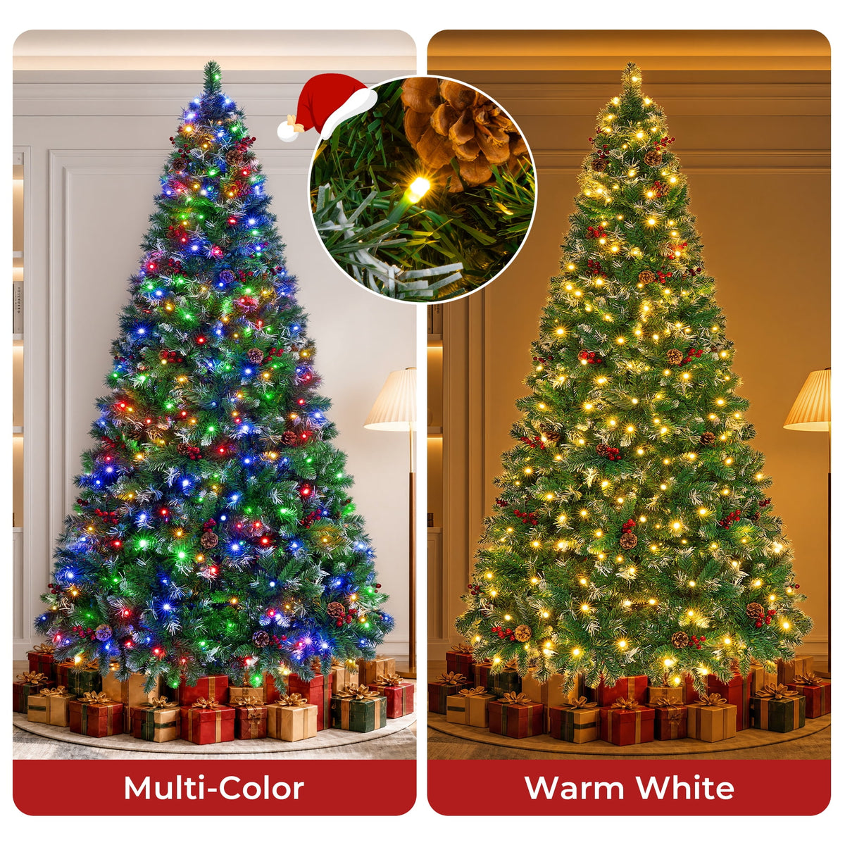 Firstness 6ft Pre-Lit Artificial Christmas Tree with Storage Bag, Warm & Multicolor Xmas Tree with 975 Branch Tips,Pine Cones + Red Berries