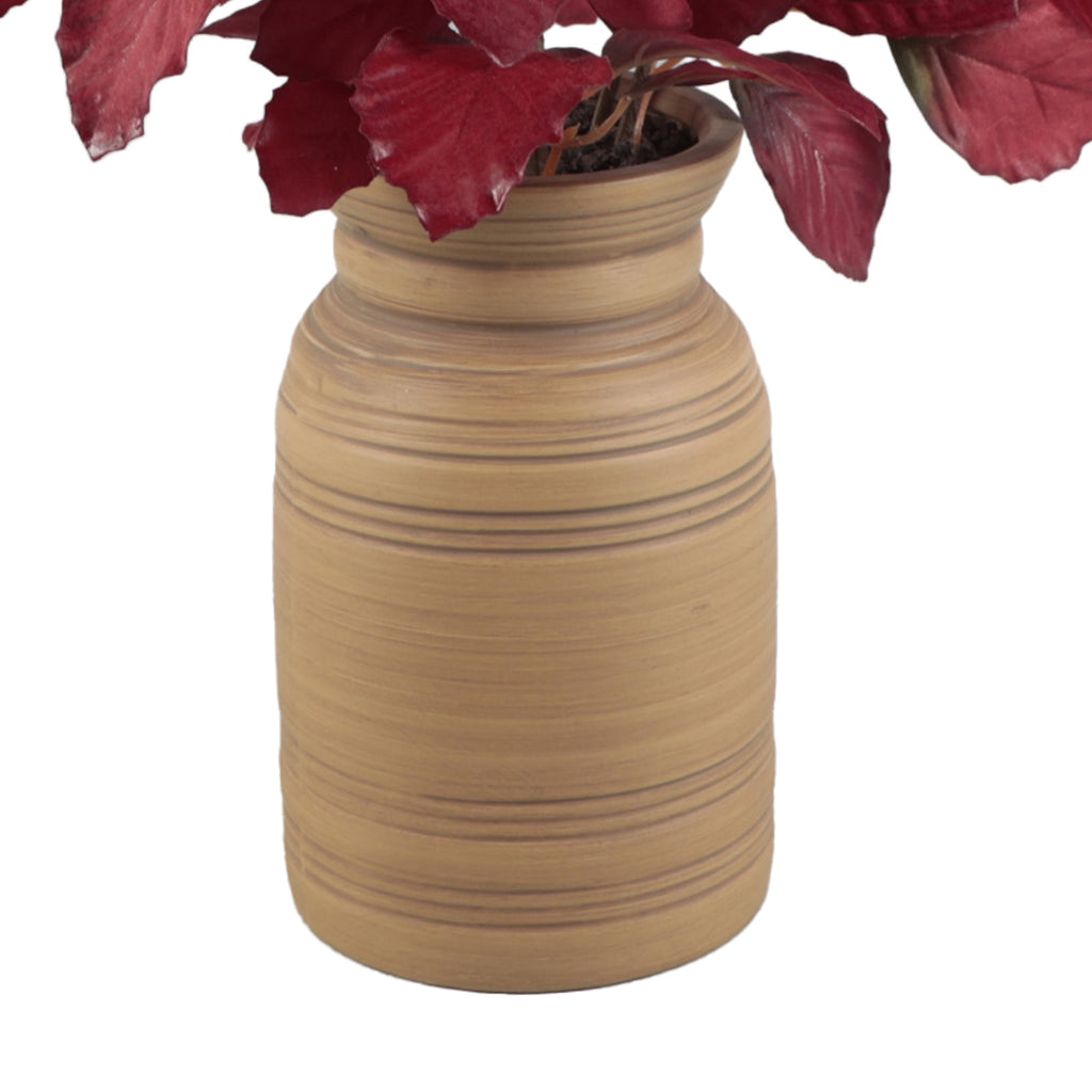 Better Homes and Gardens 19.5"H Artificial Real Touch Burgundy Leaves in 7.38"H Brown Ceramic Vase Made for Tabletops - 1.76 lbs
