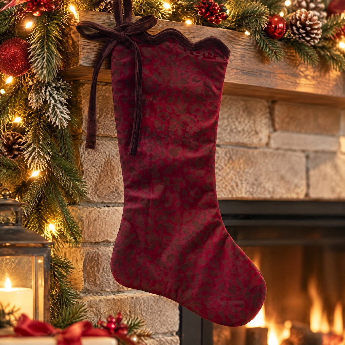 Velvet Floral Christmas Stocking, Burgundy, 20", by Holiday Time