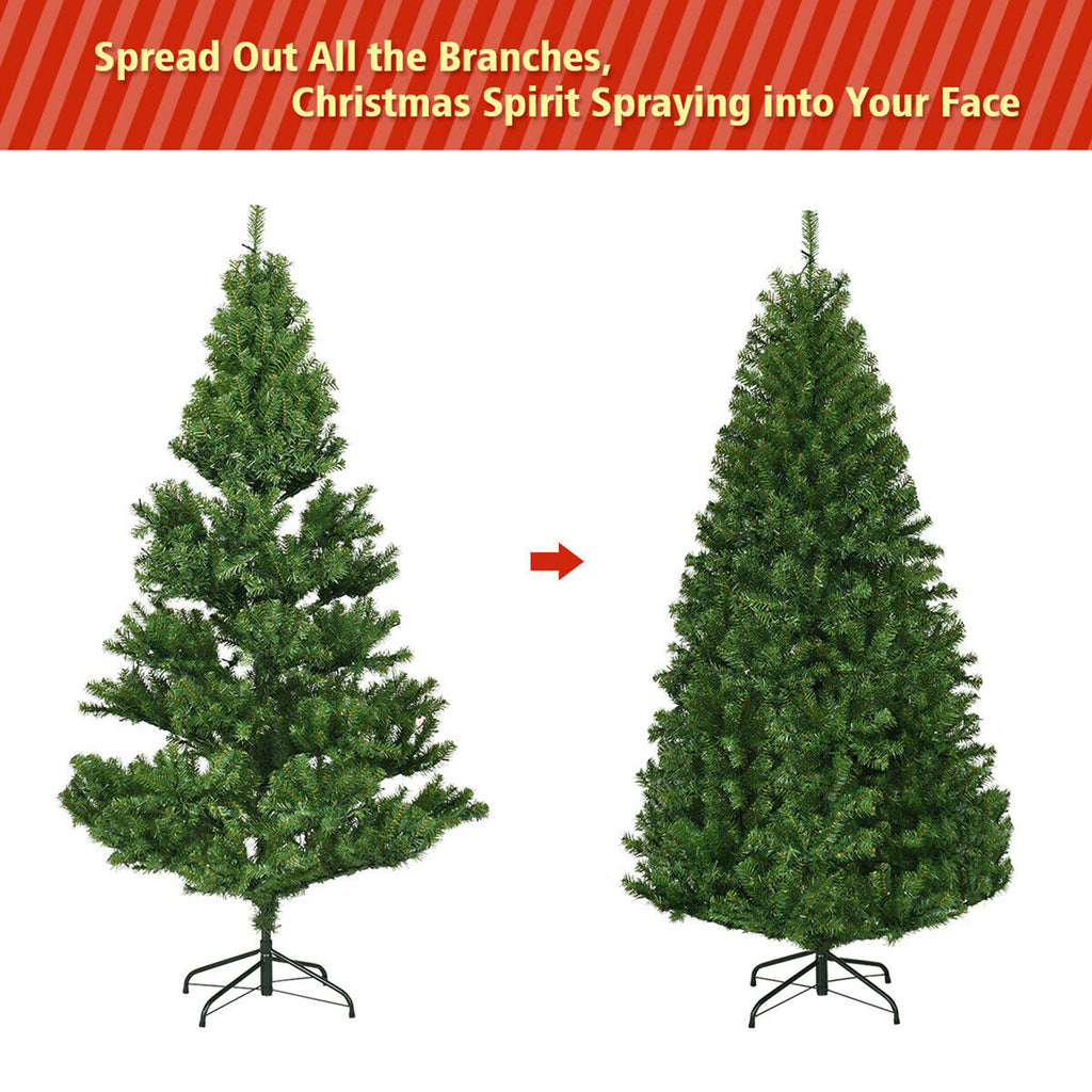 Gymax 8FT Pre-Lit Christmas Tree Hinged Artificial Tree w/ Metal Stand LED Lights