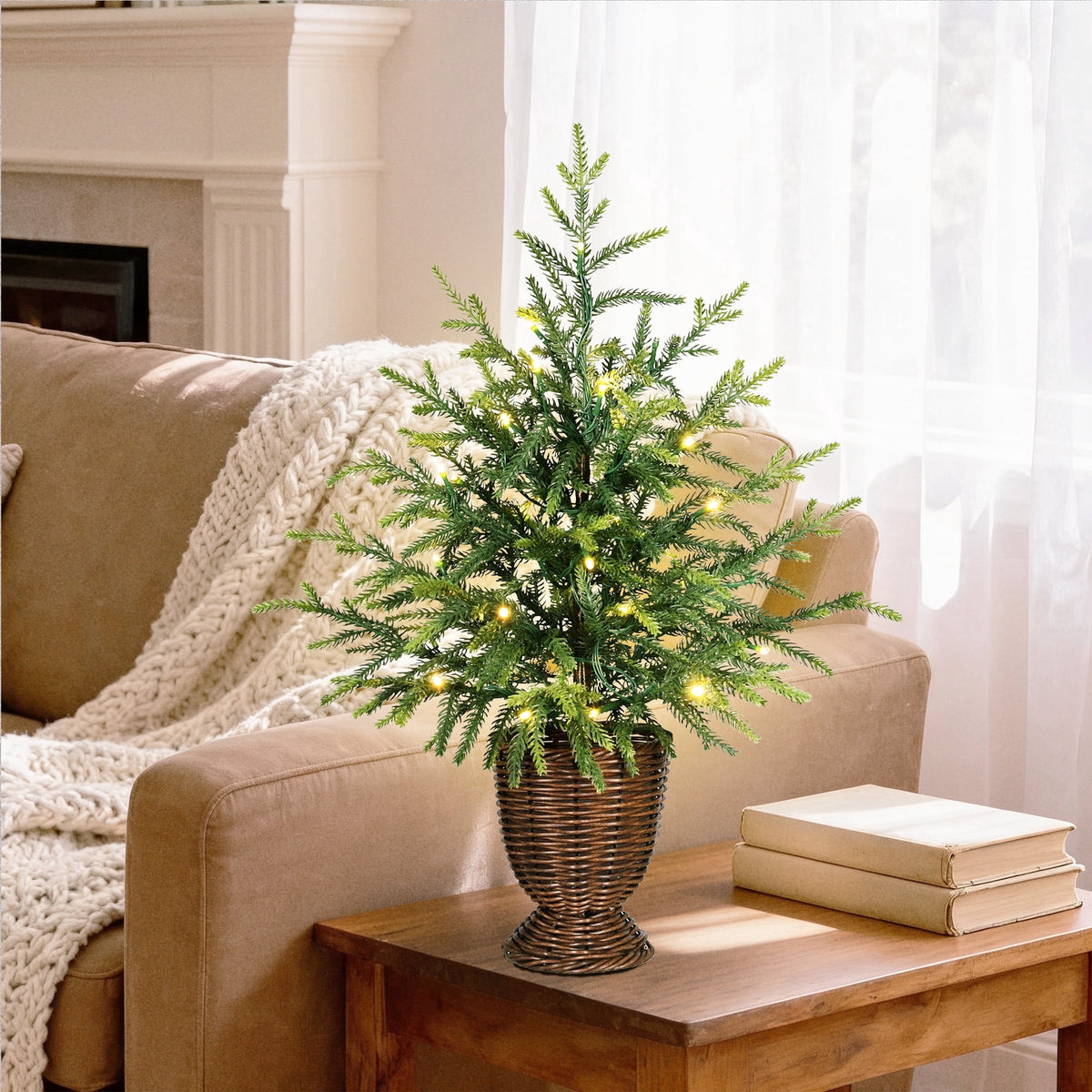 My Texas House 2' Small Pre-Lit Norfolk Pine Green Artificial Christmas Tree with 30 Warm White Twinkle LED Lights in Woven Basket