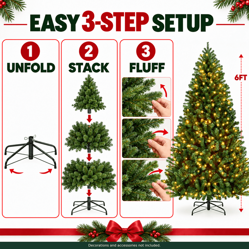 SUGIFT 6ft Premium Pre-Lit Christmas Tree with 250 Warm Lights, Green