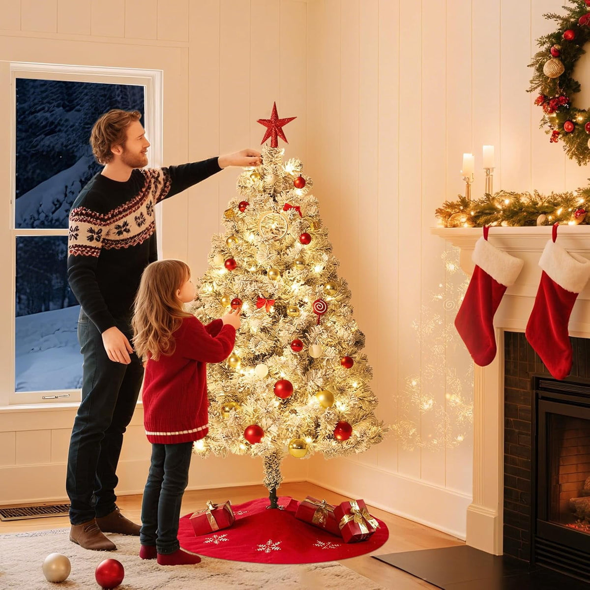 4.5Ft Artificial Christmas Tree, Snowy Flocked Green, 100 Warm White Lights, Quick Hinged Setup, Foldable Metal Base, Foot Pedal Control, Realistic Branch Tips, Indoor Seasonal Decor for Home, Office