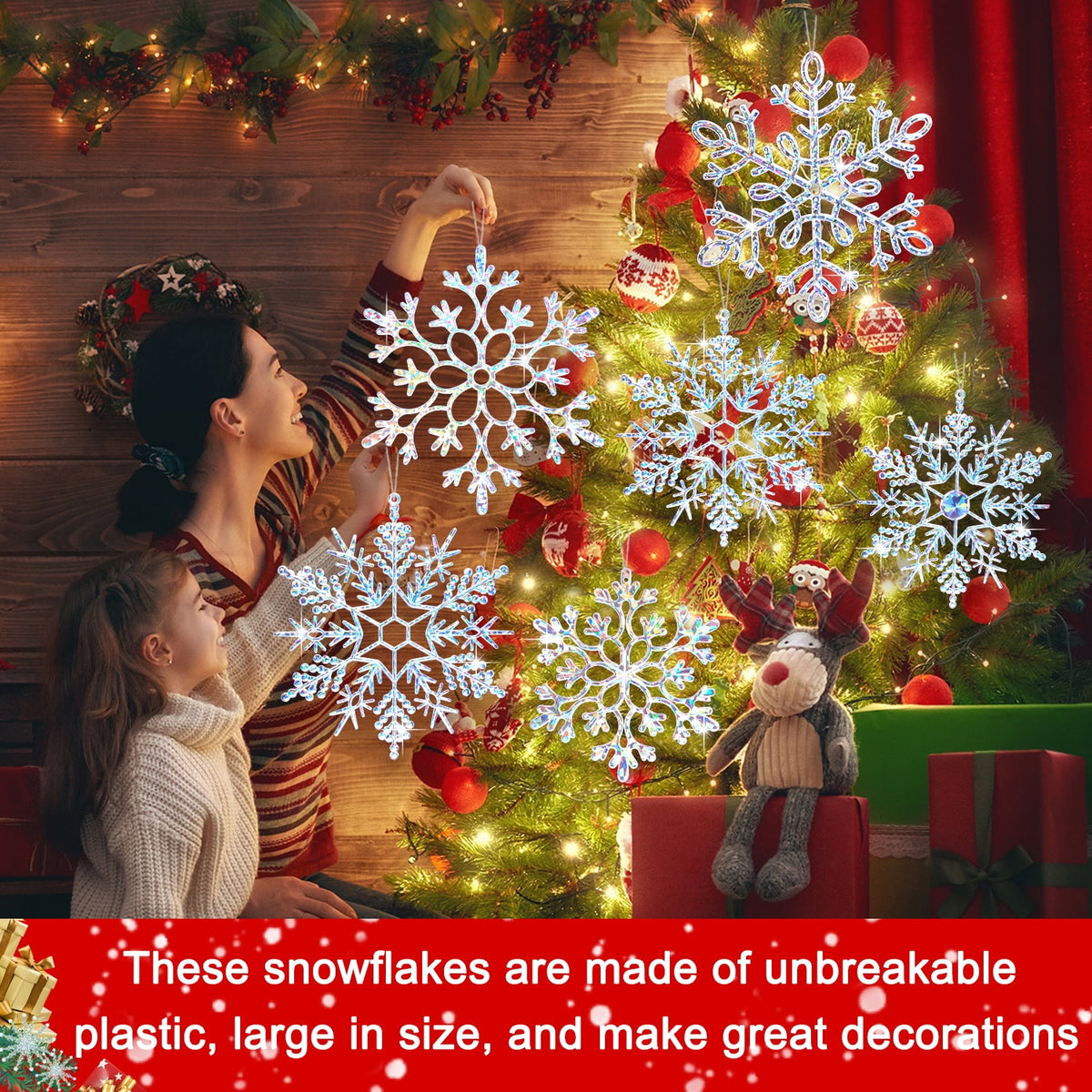 Ayieyill 6 Pieces Large Snowflakes Ornaments 12'' Glittered Snowflakes Decorations Christmas Hanging Snowflake Decorations for Winter Christmas Tree Decorations Craft Snowflakes (Iridescent)