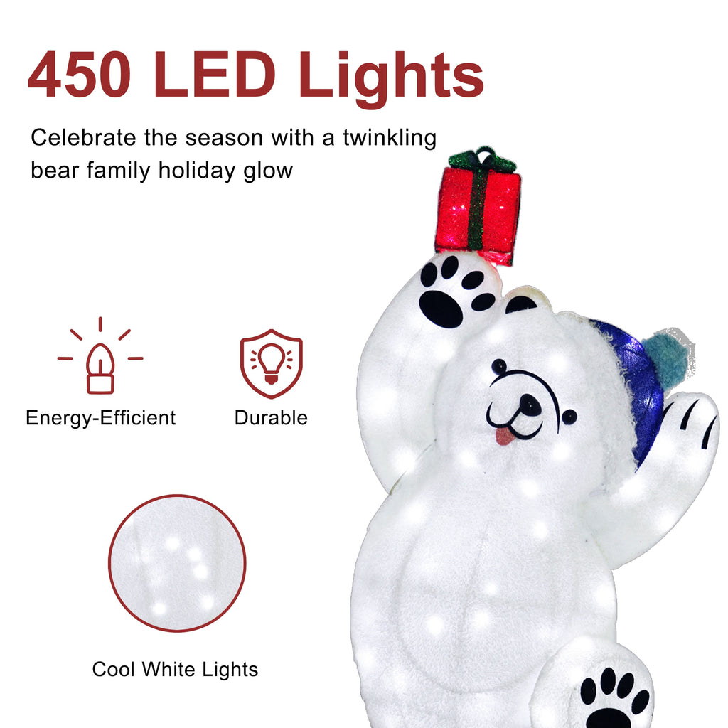 Set of 4 Pre-Lit Bear Family Christmas Holiday Décor with 450 Cool White Twinkling LED Lights