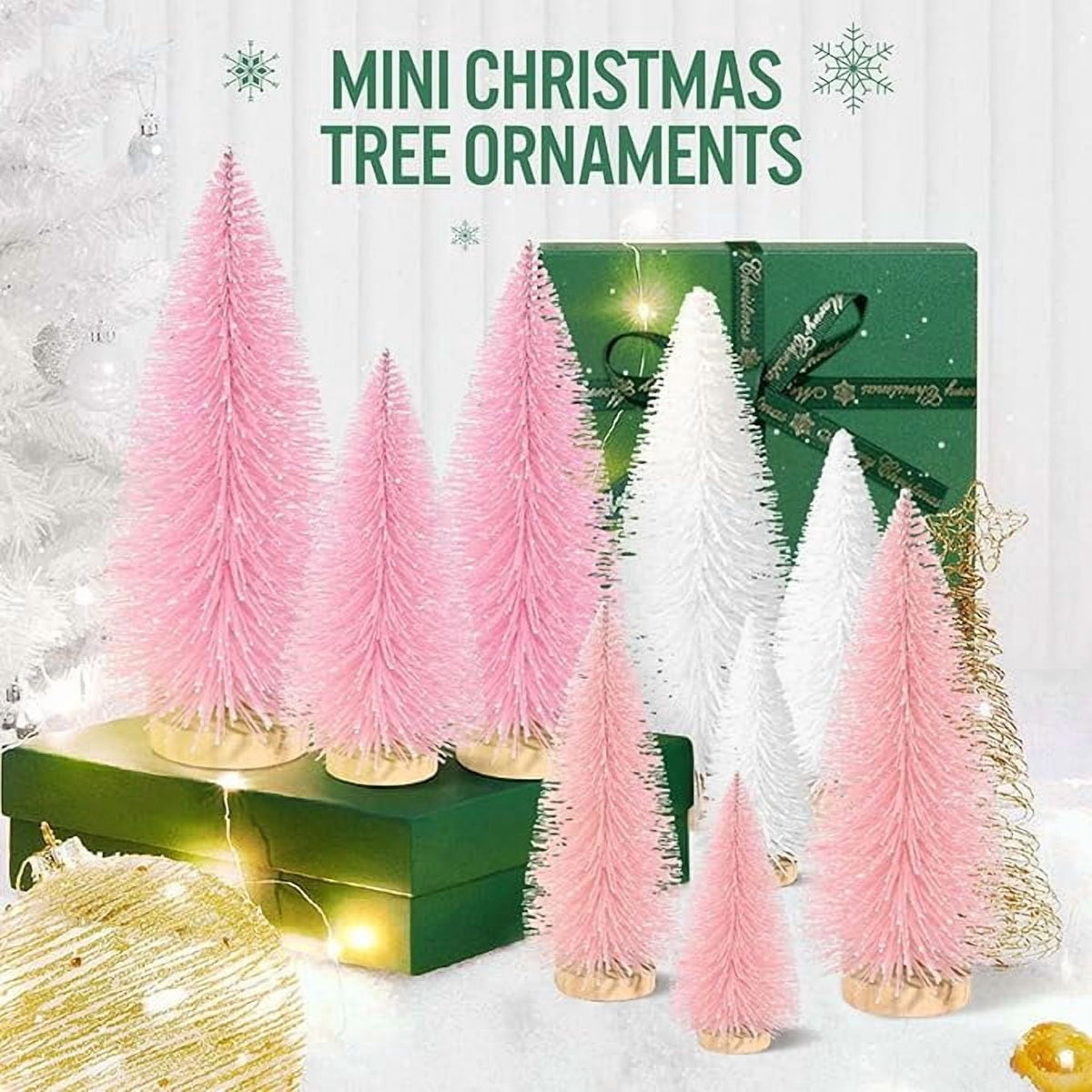 Ayieyill 9Pcs Mini Christmas Trees Christmas Decor Artificial Christmas Decorations with 4 Sizes, Christmas Tree Bottle Brush Trees Christmas Table Decorations (Pink+White)