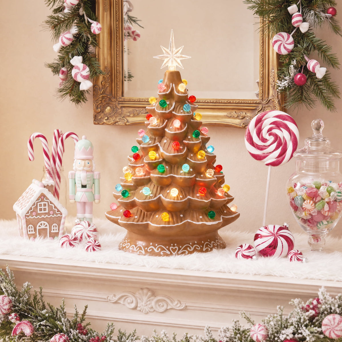Best Choice Products 15in Ceramic Christmas Tree, Pre-lit Hand-Painted Tabletop Holiday Tree, Gingerbread Red/White/Grn