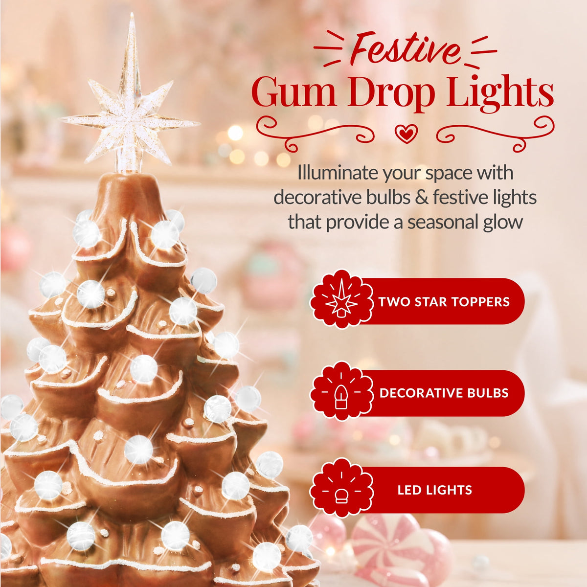 Best Choice Products 15in Ceramic Christmas Tree, Pre-lit Hand-Painted Tabletop Holiday Tree, Gingerbread Red/White/Grn