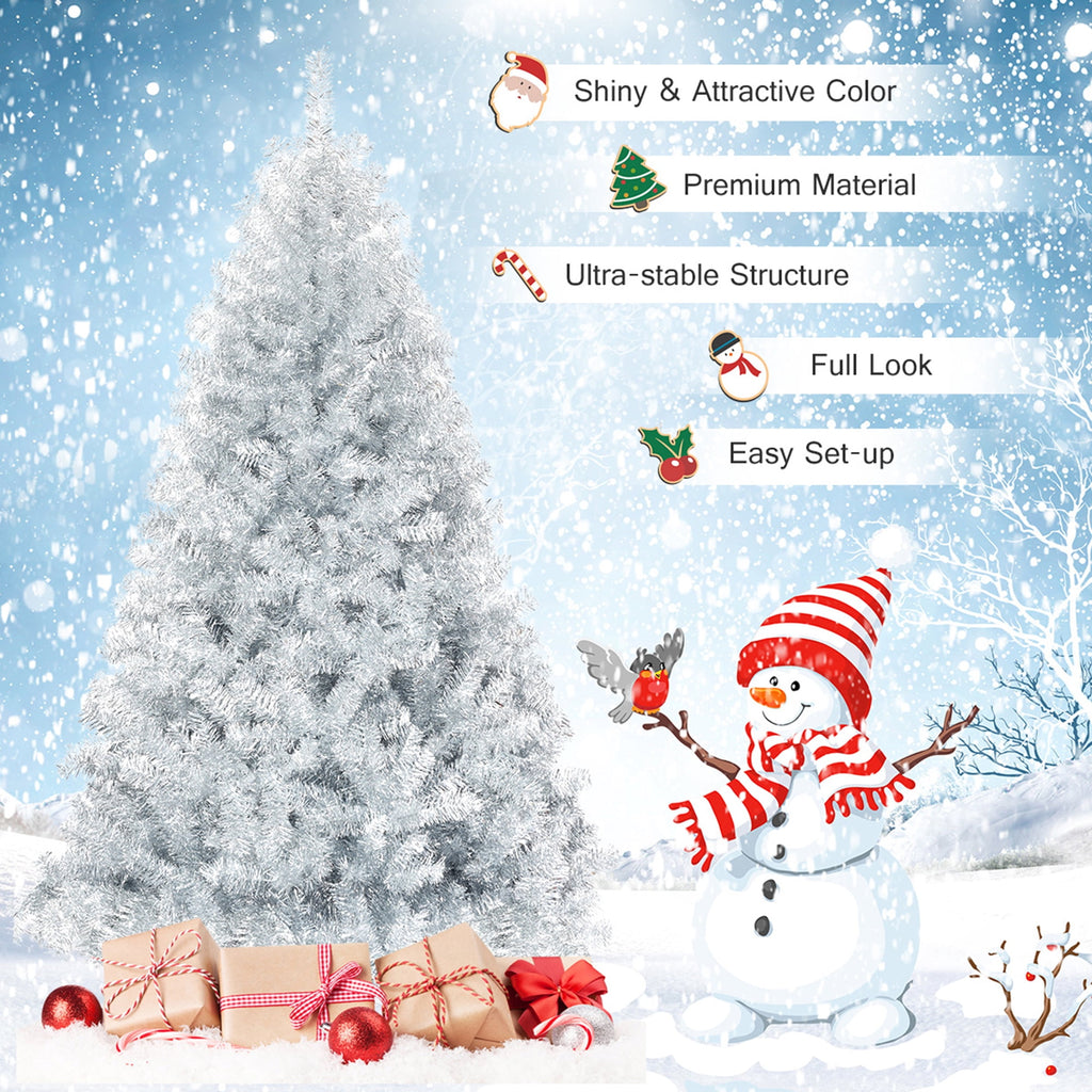 Gymax 6 FT Silver Tinsel Christmas Tree Artificial Hinged Tree Holiday Decoration