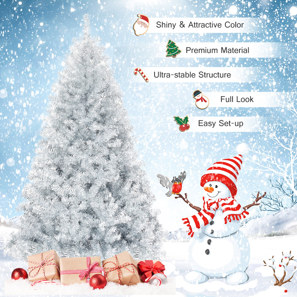 Gymax 6 FT Silver Tinsel Christmas Tree Artificial Hinged Tree Holiday Decoration