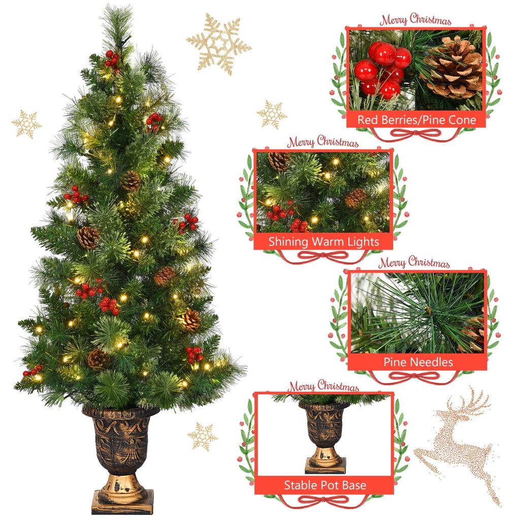 Costway 4ft Pre-Lit Christmas Entrance Tree In Urn w/ 60 LED Light Red Berries Pine Cone