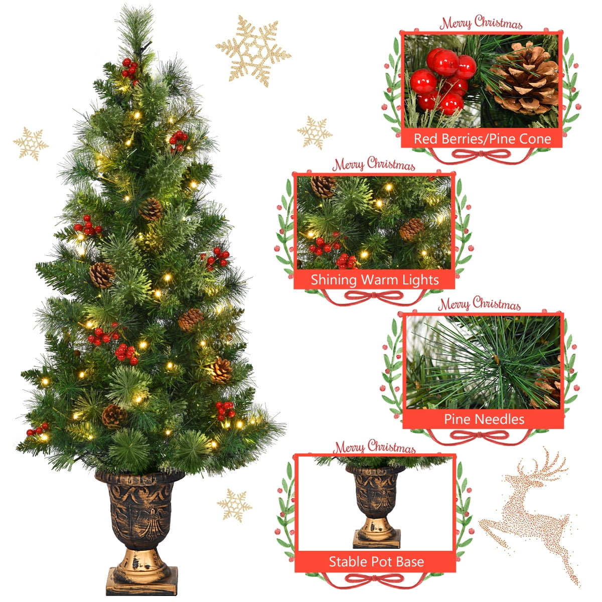 Costway 4ft Pre-Lit Christmas Entrance Tree In Urn w/ 60 LED Light Red Berries Pine Cone