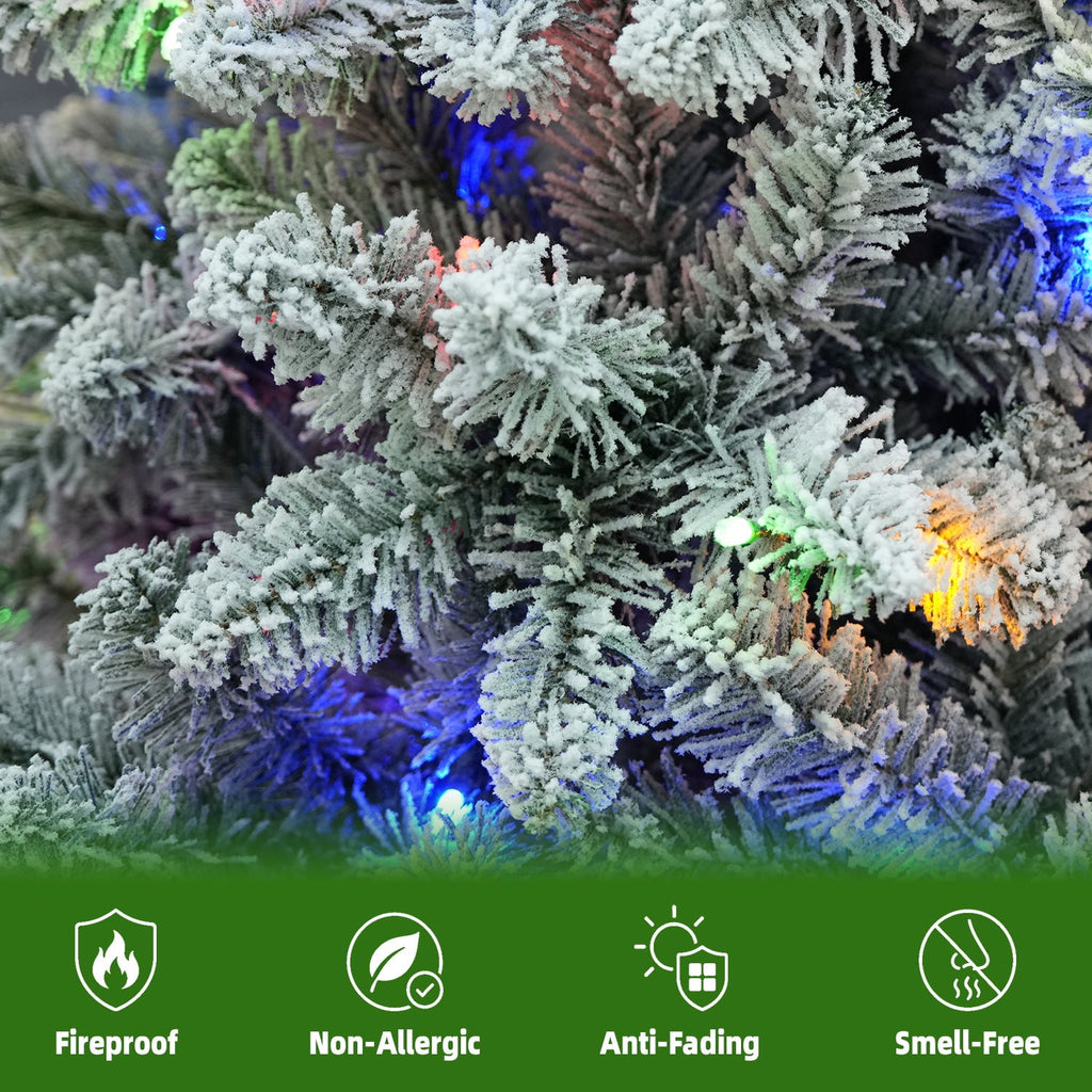 VIVATREES 7.5FT Premium Flocked Christmas Tree 550 Multi-Color LED Lights 5490 PVC PE Hinged Branch Tips Pre-Lit Artificial Xmas Pine Needles Metal Base for Home Office Holiday Decor