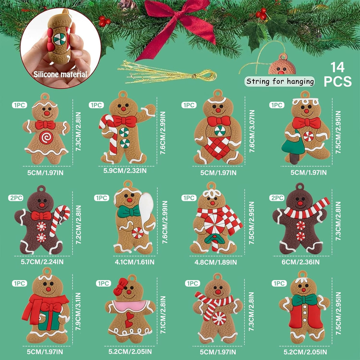 Ayieyill 14Pcs Christmas Ornaments Gingerbread Christmas Tree Decorations Holiday Decor (Classic)