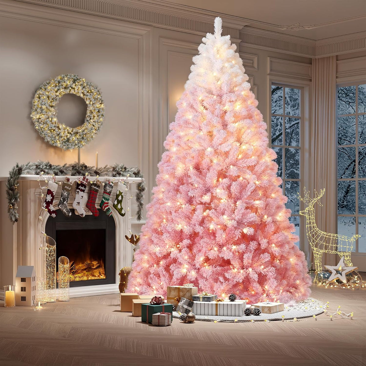 4.5/6/7.5/9 ft Flocked Pencil Christmas Tree with 100 Lights, Pre Lit Tall Skinny Christmas Tree with PVC Branch Tips, Premium Hinged Xmas Tree with Metal Base, Slim Artificial Christmas Tree