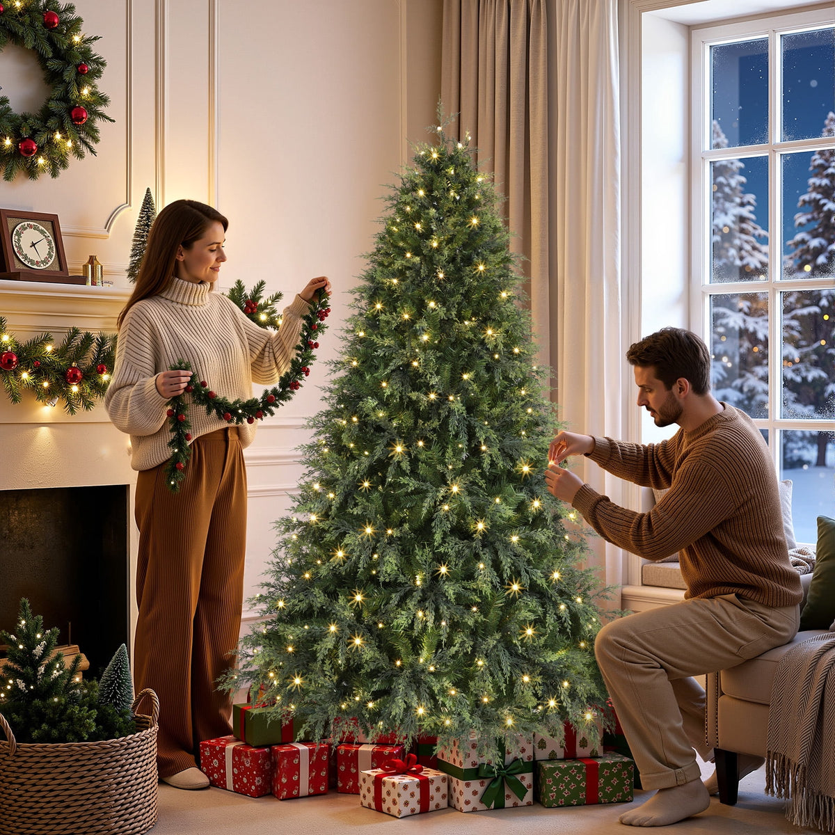 Lolsea 7ft Prelit PE Aspen Cypress Artificial Christmas Tree with Remote Control, Timer and Warm White & Multi-Color Lights