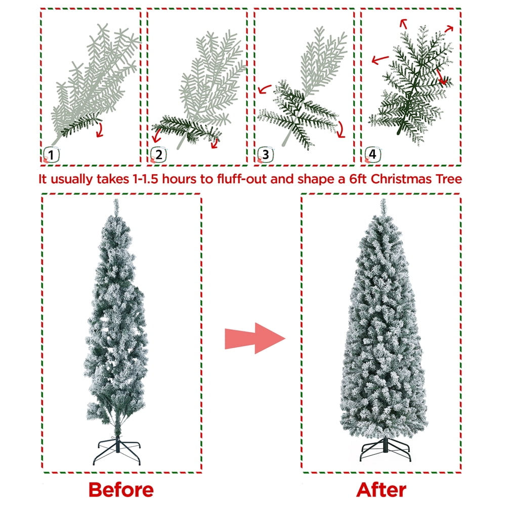 Renwick 6 Ft Snow Frosted Artificial Christmas Tree Holiday Decorative Tree with Pencil Shape Metal Stand, Green