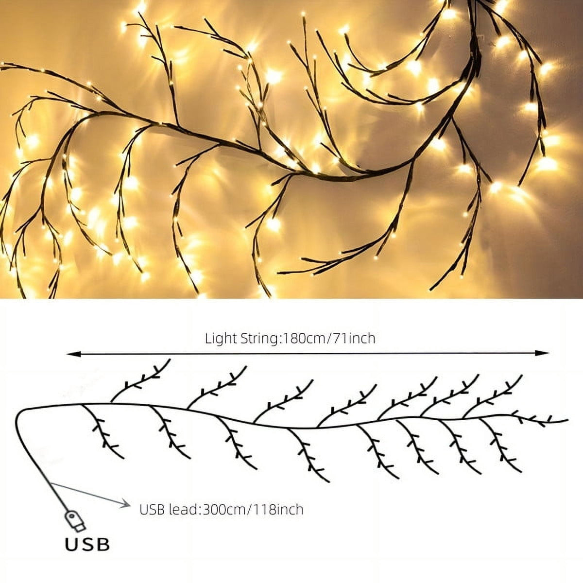 96 LED Indoor Wall Tree Lights Willow Vine Light Artificial Plants Tree Branches Lights 8 Modes 6 FT Flexible Enchanted Christmas Decoration (Warm White)