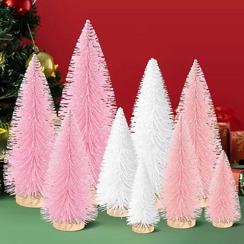 Ayieyill 9Pcs Mini Christmas Trees Christmas Decor Artificial Christmas Decorations with 4 Sizes, Christmas Tree Bottle Brush Trees Christmas Table Decorations (Pink+White)