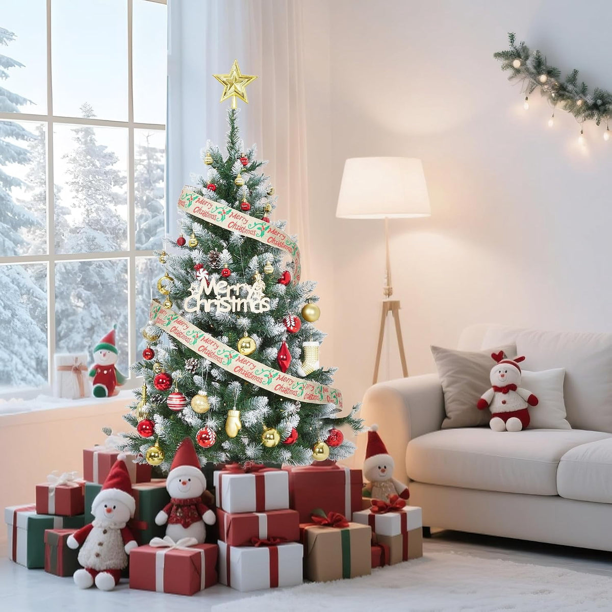 9FT Premium Spruce Artificial Christmas Tree, Pre-Lit with Realistic Hinged Branches, Heavy-Duty Foldable Metal Stand for Home, Office & Large Space Holiday Display